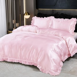 Guchuang Bedding Pink Silk Bedding Set with Ruffle Duvet Cover King Size 3 Pieces Luxury Smooth Microfiber Quilt Cover with 2 Pillowcases 220x230cm