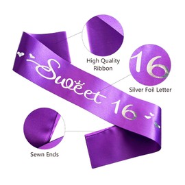 Sweet 16 Sash, Purple Satin Soft Sashes with Silver Foil Letter, 16th Birthday Sash Decorations Gifts for Girls Happy 16th Birthday Party Favor Supplies