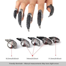 Set of 5 Halloween Costume Claws Fake Nail 3 Sizes Crystal Full Finger Rings Paved Paw Bend Fingertip Fingernail Claw(Black)