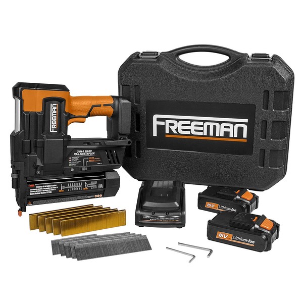 Freeman PE2118G 18 Volt Cordless 2-in-1 18-Gauge 2" Nailer / Stapler Kit with 2 Ah Lithium-Ion Batteries, Charger, Case, and Fasteners (1000 Count)