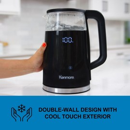Kenmore Electic Tea kettle Hot Water Boiler Cord less Digital Programmable Double Walled Glass 4 Temprature Pre Sets Touch Activated Control Cool Touch Black 1.7L