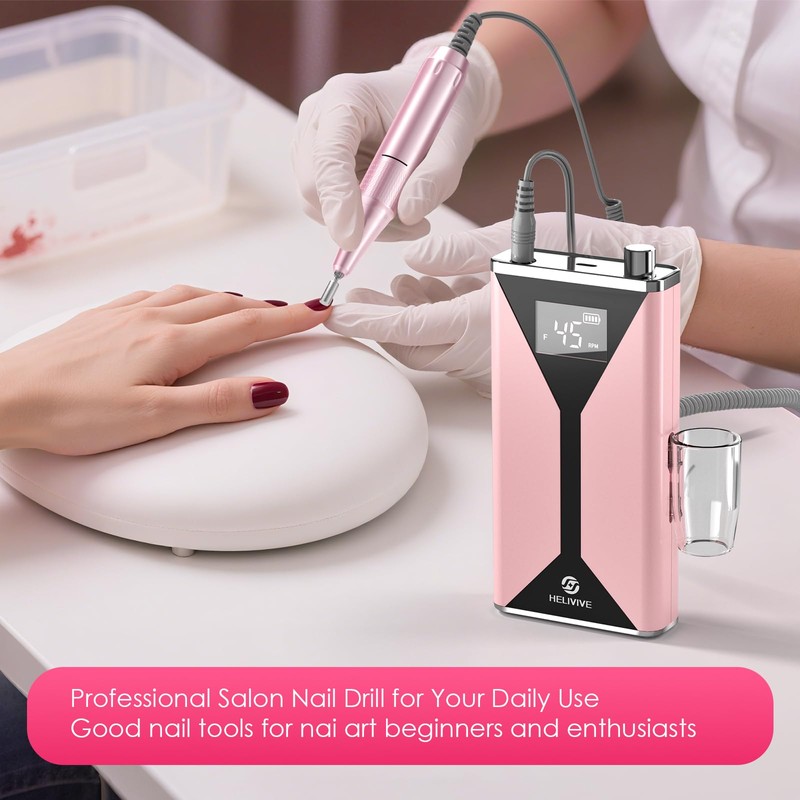 HELIVIVE Professional Electric Nail Drill 45000RPM (Portable & Rechargeable) (with