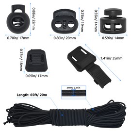 HDST-HOME 40Pcs Plastic Cord Locks 3 Types and 1/8 Inch 65ft Elastic Cord Spring Toggle Stopper End Cord Stopper Slider Cord Fastener for Drawstring Shoelaces Clothing Backpack Bags, Black, Medium