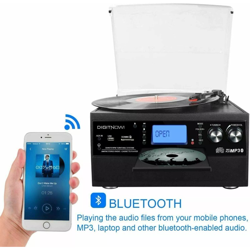 Digitnow! Bluetooth Record Player Turntable with Stereo Speaker, LP Vinyl