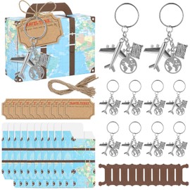 10 Sets Aircraft Keychains with Thank You Cards and Storage Bags, World Map Mini Suitcase Party Favor Boxes Candy Box with Earth Airplane Keychains and Travel Ticket