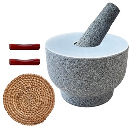 Natural Stone Mortar & Pestle Set, 6" Heavy Duty 2 Cup Granite Grinder Bowl with Silicon Lid & Grass Coaster, Molcajete & Tejolote de Piedra for Spices Salsas Guacamole Pesto Herbs Crusher
