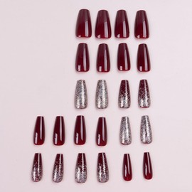 Caiguoer 24pcs(C) Long Square Press On False Nails for Women Girls Red