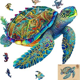 Mys Aurora Wooden Jigsaw Puzzle - Unique Shape, Colorful, Beautiful Box, Fun Challenge, Creative Family Game, Ideal Gift for Adults and Kids Turtle - Color: 80PCS