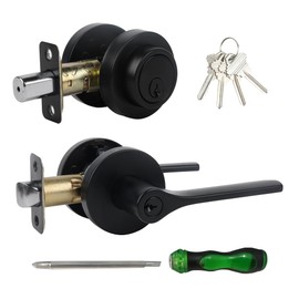 Exterior Door Lock Set with Deadbolt, Front Door Lock Set and Deadbolt, Round Door Knob and Deadbolt Set, Heavy Duty Entry Door Lever with Single Cylinder Deadbolt,Matte Black (All Keyed Alike) 1Pack