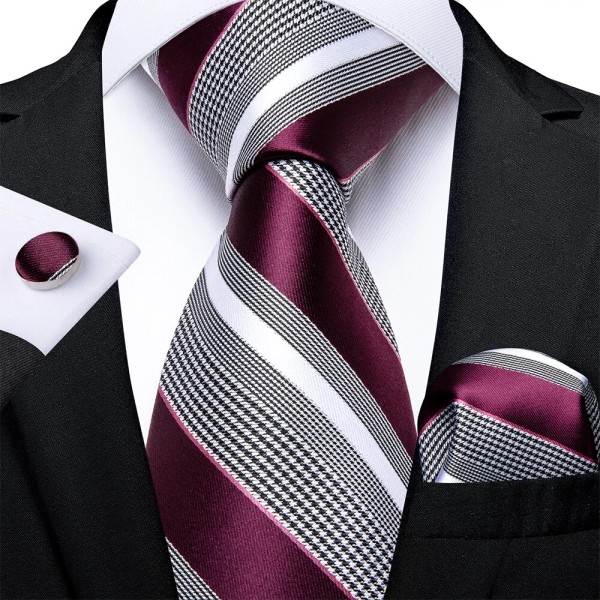 Barry Wang Wine Red Striped Mens Tie Classic Necktie Pocket
