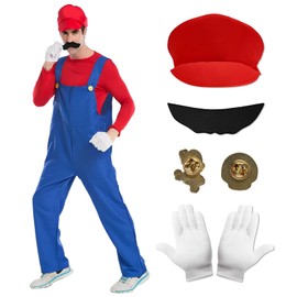 Maryparty Mario Costume Mario Fancy Dress Costume Set for Adults (Red, Adults-XL)