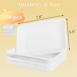 WRINGKIT 100 Piece White Rectangle Plastic Plates, 7 Inch Supermarket Meat Tray, Heavy-Duty Party Dessert Plate, Plastic Dinner Plates for Warm And Cold Foods, BBQ Grill Roast Food Plates