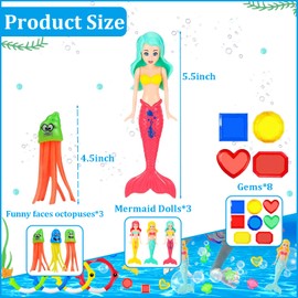 14Pcs Diving Pool Toys,Mermaid Swimming Pool Toys Set with 3 Diving Mermaids,3 Fun Squid Dive Toys,8 Marine Gem,Diving Games Bath Water Toy Underwater Pool Training Toys Swim Toy for Kids Age 3-12