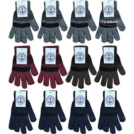 Yacht & Smith 12 Pairs of Winter Gloves Mens Womens and Kids - Thermal Knit Stretchy Fuzzy Bulk Glove Colors (UNISEX STRIPE)