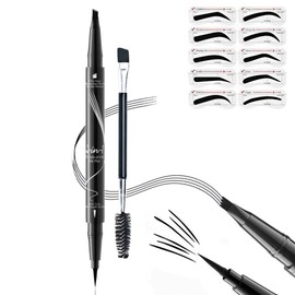 4 Fork Tip Eyebrow Pen - 2-in-1 Waterproof Brow Pencil with Ultra-Fine Tips & Smudge-Proof Formula, Eyebrow Makeup for Natural Looking Eyebrows(Includes Eyebrow Stencils & Brush) (Black)