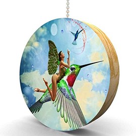 Fairy Riding a Hummingbird Hardwood Oak Fan/Light Pull