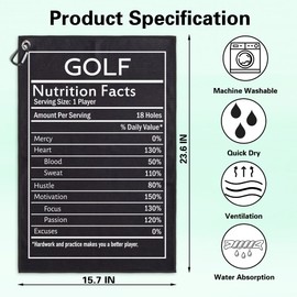 Msticey Golf Nutrition Facts Printed Microfiber Golf Towel with Clip, Golf Gifts for Dad Grandpa Mom Golf Coach Golf Lover, Father's Day Golfer Retirement Gifts, Golf Accessories for Men Women