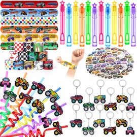 SNLN 98Pcs Monster Truck Party Favors Birthday Supplies, Drinking Straw Mini Bubble Wand Slap Bracelet Keychain Sticker, Goodie Bag Stuffer Pinata Filler Boys Kids Monster Truck Party Supplies Decor