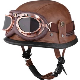 Yesmotor Motorcycle Half Helmet Retro German Handmade Leather Half Face Quick Release Buckle & Goggles - DOT Approved (Dark Brown, L)