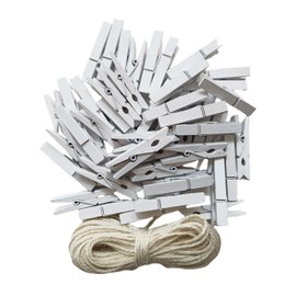 1.9 Inch White Small Clothes Pins Paper Picture School Work Holders Baby Shower Clothing Line Clips with Twine Pack 50