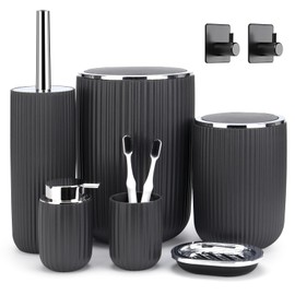 Boperzi Bathroom Accessories Set Complete: 8pc Bathroom Accessory Set with Trash Can 2pc for Floor/Counter, Toilet Brush, Soap Dispenser, Toothbrush Holder, Adhesive Hook, Grey Modern Bathroom Set