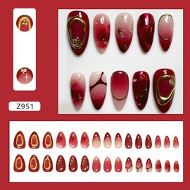 24Pcs Red Press on Nails Short Almond Fake Nails Bead Stars with 3D Texture Gold Design Full Cover Artificial Chrome Glue on Nails Handmade Press Ons French Tip False Nails for Women Acrylic Nails