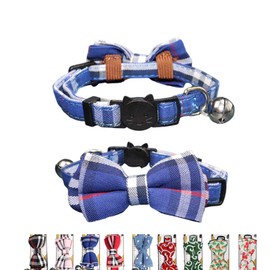 THAIN Cat Collar Breakaway with Bell and Bow Tie Safety Buckle with Name Tag Blue Plaid Pattern Adjustable 7-11 inches for Kitten Cats(Blue Plaid)