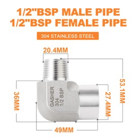 GASHER 2 Piece Stainless Steel Pipe Fitting 90 Degree Barstock Street Elbow, 1/2 Inch Male Pipe x 1/2 Inch Female Pipe