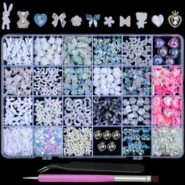 Sinyanail 3D Nail Charms Butterfly Bear Rose Flower Bow Snake Rabbit Animal Shaped Hollow Star Heart Pearls Jewelry for Nail Art Design DIY Crafts Accessories(White)