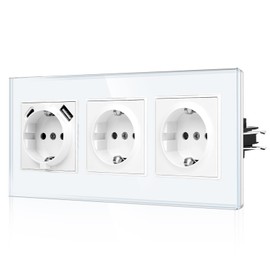 CNBINGO JFGM1 USB Triple Socket with Claws - Glass Schuko Socket Flush-Mounted with USB Connection - 1 x (Type C and USB-A Max. 2.1 Amp) - Triple White Wall Socket with Child Lock