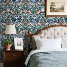 LACHEERY William Morris Wallpaper Peel and Stick Wallpaper Vintage Floral Birds Retro Art Nouveau Wall Paper Blue Green Leaf Self Adhesive Contact Paper for Walls Bedroom Cabinets Drawers 17.5"x79"
