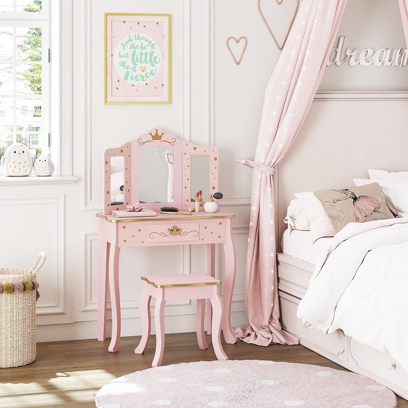 UTEX Kids Vanity Set with Mirror and Stool, Kids Make