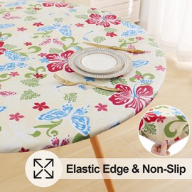 misaya Round Fitted Tablecloth with Elastic Edge, 100% Waterproof Oil Proof Plastic Table Cover, Vinyl Flannel Backed Table Cloth Fits 45"-56" Round Tables for Dinner, Outdoor, Picnic, Butterfly