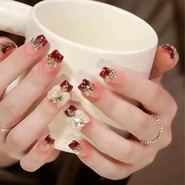 Press on Nails Square Medium Length Glossy Full Cover Acrylic Square Shaped French False Nails with Bow Rhinestone Designs Artificial Short Coffin Fake Nails with Glue ons Fingernails for Women Girls