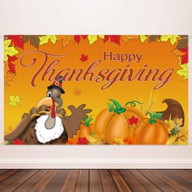 Happy Thanksgiving Background Fall Banner Thanksgiving Decorations Turkey Leaves Pumpkin Banner for Fall Party Supplies, 72.8 x 43.3 Inch