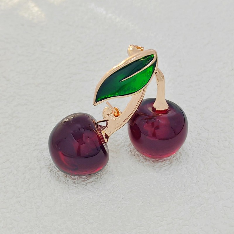 KINMOT Sweet Enamel Green Leaf Double Red Cherry Resin Brooch