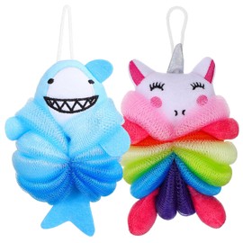 Gogogmee Cute Bath Sponge Set for Pack Shower Loofah Body Wash Scrubbers Unicorns Sharks Design Soft Gentle