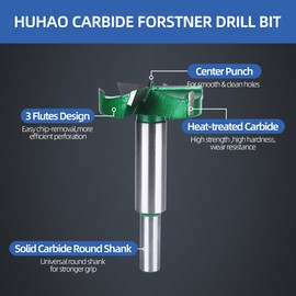 HUHAO Forstner Drill Bit 50mm,Triple Flute Carbide Forstner Bit, Wood Drilling Hole Saw Woodworking Hinge Cutter Tools for Hard Wood, Soft Wood,Plastic