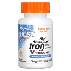 Doctor's BEST Doctor's Best High Absorption Iron Tablet with Ferrochel, Gentle on The Stomach, Immune Health, Blood Health, 27 mg