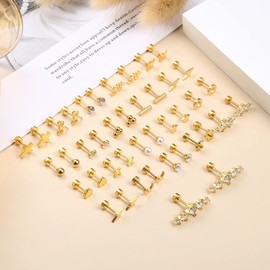 JeryWe 20 Paar Edelstahl Gold Ohrknorpel Ohrringe für Damen Mädchen 20G Helix Piercings Ohr Knorpel Ohrringe Tragus Knorpel Creolen Mond Stern Kleine Blume Conch Schraube Flache Rückseite Ohrringe
