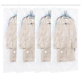 QH7 Hanging Vacuum Storage Bags Space Saving Vacuum Bags for Clothes, Suits, Dresses, Coats or Jackets, Clear and Reusable Closet Organizer with 4 Pack, 145 x 70 cm
