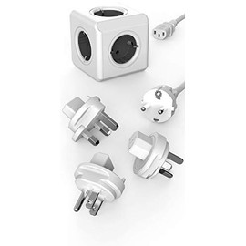 Travel-Cube ReWirable Original Power Cube with 5 Sockets, Multiple Socket with Schuko Cable and 3 Travel Adapters for UK USA AUS, Grey/White