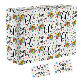 Hunts England - 2 Sheets Of 60th Birthday Luxury Wrapping Paper - Includes 2 Gift Tags - Age 60 Folded Gift Wrap For Him/Her - Iconic Collection - Colourful Age Sixty Gift Wrap For Men/Women