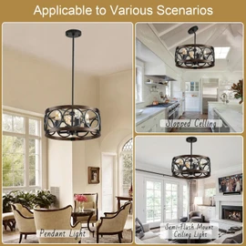 SHIANDAR Light Fixture Ceiling Mount Kitchen 4 Light Semi Flush Mount Ceiling Light Fixture Black Rustic Farmhouse Chandelier for Dining Room Light Fixture with Adjustable Height