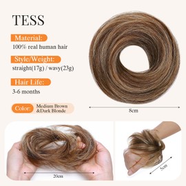Human Hair Messy Bun Hair Piece,TESS Hair Buns for Women,100% Real Hair Bun Wig,Invisible hair buns hair piece,4P27 Medium Brown mix Dark Blonde 18g/piece