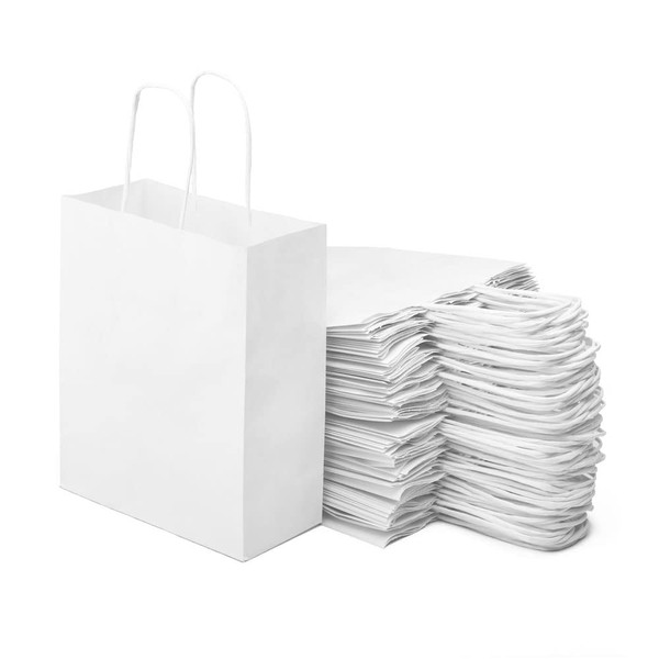 Pack of 40 White Kraft Paper Shopping Bags with Handles - 18 x 8 x 21 cm - Shopping Bag/Gift Wrapping for Birthdays, Christmas, Weddings etc. (White)