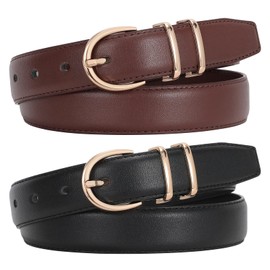 LEACOOLKEY 2 Pack Women Leather Belt for Jeans Fashion Ladies Belts for Pants Dresses With Gold Buckle, Width 1.03"/2.6cm