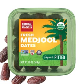Natural Delights Medjool Dates - Jumbo USDA Certified Organic Pitted Dates Medjool, Non-GMO Verified, Good Source of Fiber, Naturally Sweet Fruit Snack, Perfect for On-the-Go - Organic Medjool Dates Pitted, 12 oz Container