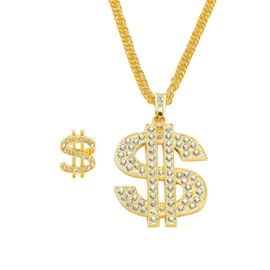 COLORFUL BLING Dollar Sign Necklace With Dollar Sign Adjustable Ring Gold Plated Hip Hop Rhinestone Pedant Necklace for Woman and Man