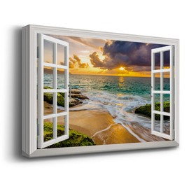 Renditions Gallery Canvas Beach Decor Fake Window View Pitures for Home Calm Ocean Wave with Evening Sunset Wall Hanging Prints for Bedroom Office Kitchen Decor - 12"X18" LT04